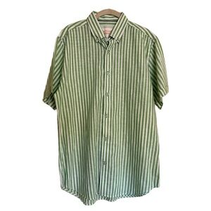 100% Linen JON SONEN White Green Stiped Short Sleeve Button-Up Shirt Sz L Summer